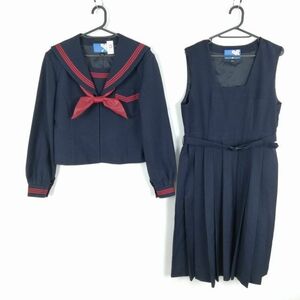 1円 セーラー服 ジャンパースカート スカーフ 上下3点セット 指定 175A 大きいサイズ 冬物 赤3本線 女子 中学 高校 紺 中古 ランクC NA1773