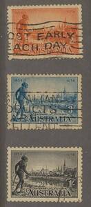 外国切手　AUSTRALIA 1934年 ヴィクトリア100年　3種 (142-4)　使用済　黒の裏に書込み有　