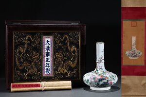 【安】清時代 粉彩花鳥紋描金長頸瓶 郎世寧絵「瓷器瓶図」掛軸 共箱 中国書道 古陶瓷 中国古美術 古董品 305