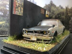 昭和レトロな風景 1/32 ニッサン スカイライン 2000GTR ハコスカ 旧車 自作ジオラマ完成品 ケース付