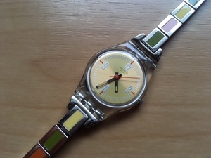 良品 良デザイン レア swatch スウォッチ SWISS AG2005 SSカラーブレス 抹茶 クリーム オレンジ クオーツ レディース 腕時計