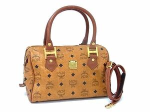 1円 ■美品■ MCM エムシーエム モノグラム ヴィセトス柄 レザー 2WAY ハンドバッグ ショルダー ミニボストン ブラウン系 AX9658