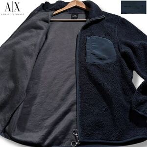 美品/XLサイズ相当●アルマーニ エクスチェンジ フリース バイル ボア ジャケット ARMANI EXCHANGE ダブルジップ　胸元ロゴ ネイビー系