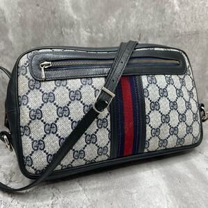 【美品】グッチ GUCCI オールドグッチ ショルダーバッグ クロスボディ シェリーライン GGスプリーム レザー PVC ネイビー ヴィンテージ 