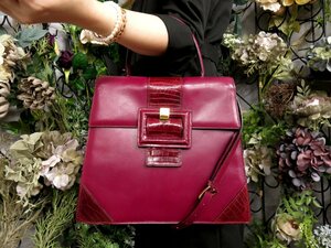 ●美品●CELINE セリーヌ●クロコダイル 型押し カーフ レザー 本革●2way ハンド バッグ●ワインレッド●G金具●ヴィンテージ●Js49901