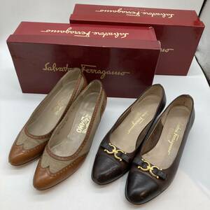 1円 Salvatore Ferragamo フェラガモ パンプス ガンチーニ金具 ブラウン系 2点セット 5Bサイズ