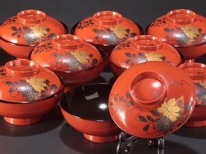 【夢讃岐】木製漆器　見返し蒔絵　吸物椀　8客揃（蓋8枚）Φ125 H55 wa520