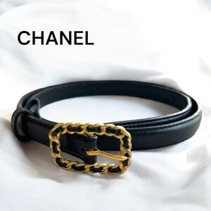 CHANEL シャネル ベルト 衣料品 レザー ブラック系 ゴールド チェーンモチーフ ヴィンテージ レディース レトロ 小物 女性用 装飾 希少 黒