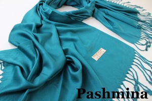 新品 アウトレット【Pashmina パシュミナ】無地 Plain 大判 ストール E.GREEN 緑 エメラルドグリーン系 Cashmere カシミア100%