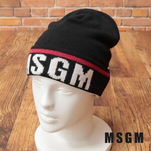 1円/MSGM/フリー/ニット帽 2740ML10 ウール カシミヤ混ニット ロゴ ジャガード イタリア製 ストリート 新品/黒/ブラック/he512/