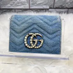 GUCCI 財布　二つ折り　デニム　コンパクト　GGマーモント　パール