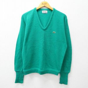 L/古着 ラコステ LACOSTE IZOD 長袖 ブランド セーター メンズ 80s ワンポイントロゴ アクリル Vネック 緑 グリーン 23sep29 中古 ニッ