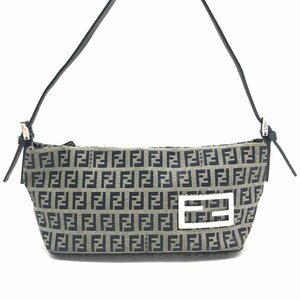 1円 FENDI フェンディ ズッキーノ ロゴ金具 ハンド ポーチ バッグ キャンバス レザー ネイビー レディース h167