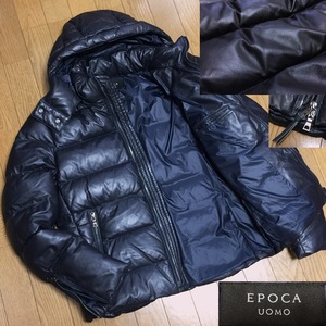 極美品 定価14万 EPOCA UOMO エポカウォモ 極上の柔らかさ 最高級 羊革 ラムレザー フード ダウンジャケット メンズ 48 L 紺 ネイビー