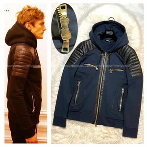 本物 名作 バルマンオム ショルダー レザー切替 ZIP UP パーカー バイカー スウェット ジャケット S 紺黒 BALMAIN HOMME