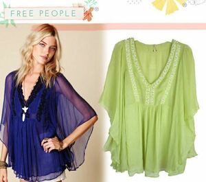 ★新品★[FREE PEOPLE/フリーピープル] BEADED CHIFFON TOP シフォン トップス フレア ビジュー ビーズ Vネック チュニック (size L)