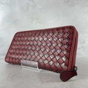 美品◆BOTTEGA VENETA 長財布 リアルパイソン イントレチャート ラウンドジップ ファスナー ボルドー レッド系 赤 メンズ ボッテガヴェネタ