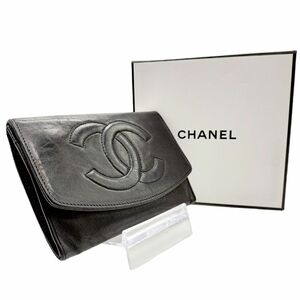 １円　１スタ　CHANEL　シャネル　長財布 ココマーク レザー 革　折財布 ウォレット デカロゴ　 黒　ブラック