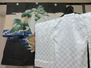 1円 中古 正絹 子供着物 男児用 産着 襦袢セット 七五三 和服 黒 鷹 城 松 カッコいい 袷 身丈96cm【夢職】★★★