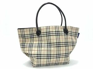 1円 BURBERRY バーバリーブルーレーベル ノバチェック キャンバス×レザー ショルダーバッグ トートバッグ ベージュ系×ブラック系 BI6586