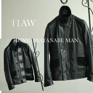 11aw COMME des GARCONS JUNYA WATANABE MAN コムデギャルソンジュンヤワタナベマン レザー チェック 切り替え ジャケット カーコート