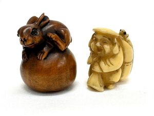 旧家蔵出 在銘 大黒 鼠 根付 2点まとめてセット NETSUKE 提物 縁起物 象牙風 牙材 緒締め玉 象牙調 白材 印籠 煙草入 マンモス牙 中国美術