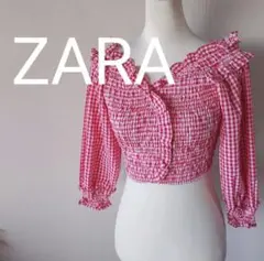 【美品】ZARA　ザラ　短丈シャーリングトップス　赤チェック　七分袖