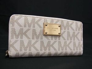 ■極美品■ MICHAEL KORS マイケルコース レザー MK柄 ラウンドファスナー 長財布 ウォレット アイボリー系×ブラウン系 DD7405