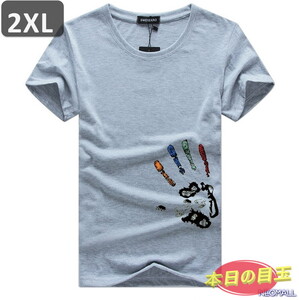 本日のお買得 ☆ 丸首 半袖 Tシャツ【457】 グレー 2XLサイズ トップス シャツ シンプル イラスト デザイン 春夏