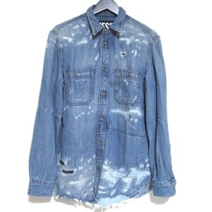 美品 DIESEL ディーゼル Denim Destroyed D-FRED Shirt デストロイ加工 クラッシュ加工 ロングスリーブ 長袖 デニムシャツ XS ライトブルー