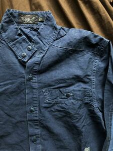 【希少】極美品 RRL REPAIRED INDIGO BAND COLLAR SHIRT ダブルアールエル インディゴ リペア バンドカラー ヘンリーネック シャツ XS-S