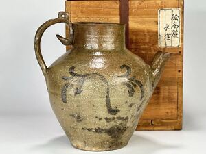 UD26-8 【李朝高麗コレクター所蔵品】高麗青磁　黒象嵌　鉄絵　花卉文　水注　急須　時代供箱　李朝　朝鮮古陶磁　時代品　美術品　古物 