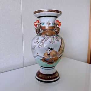 九谷焼 金彩色絵 双耳 花瓶 細密絵付 飾り壷 花入 花器 茶道具 煎茶道具 美術花瓶 送料無料