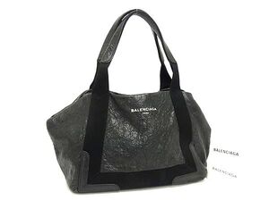 1円 ■美品■ BALENCIAGA バレンシアガ 339933 ネイビーカバス レザー×キャンバス トートバッグ ショルダー 肩掛け ブラック系 FL0812