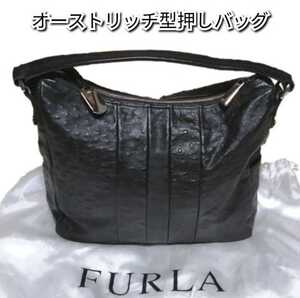 極美品★フルラ★FURLA★バッグ★レザー★茶色★オーストリッチ★型押し★無地★ハンドバッグ★牛革★本革★ダークブラウン★肩掛け