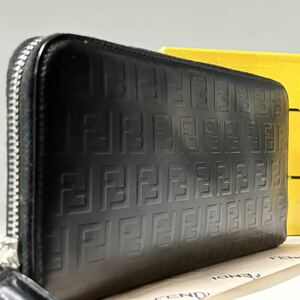 ●未使用●FENDI フェンディ FFロゴ エンボスロゴ 長財布 ラウンドファスナー ウォレット 多収納 ズッカ 本革 レザー メンズ 黒 ブラック