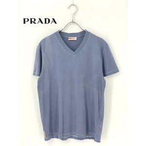 A9792/訳あり 春夏 2011SS PRADA プラダ コットン100% Vネック ワンポイント 無地 半袖 Tシャツ カットソー S 水色 トルコ製 メンズ