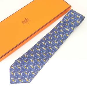 IT8D760GPDE3 即決 本物 美品 HERMES エルメス ネイビー ブルー ネクタイ イルカ柄 箱付き ボックス メンズ スーツ ビジネス