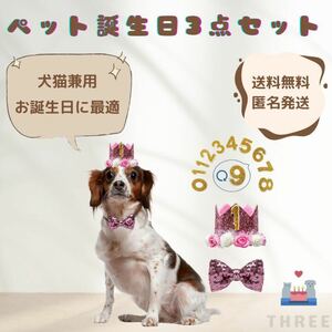 【お誕生日最適】ペット用帽子　ペット　犬　猫　蝶ネクタイ　数字　セット　キラキラ　ピンク