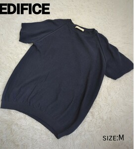 極美品　EDIFICE 半袖ニット　リネン　麻　綿　紺　裾リブ　ネイビー　メンズ クルーネックTシャツ ネイビー