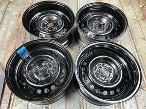 ナカテツ 15×7.5J+16 4H100 ハブ径54mm 4本no.228 リバース 内バルブ 加工鉄チン 深リム スチール 加工てっちん