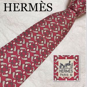 ■美品■HERMES エルメス　ネクタイ　ゴルフクラブ　ゴルフボール　総柄　シルク100% フランス製　レッド×グレー