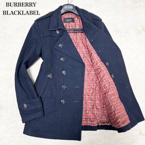 【至高の逸品】バーバリーブラックレーベル BURBERRYBLACKLABEL ウールピーコート ナポレオンコート ノバチェック ネイビー 銀ボタン M 