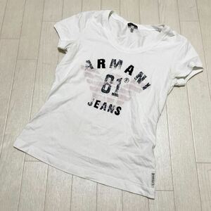 和391★ ARMANI JEANS アルマーニ ジーンズ 半袖 ロゴプリント Tシャツ USA4 ホワイト レディース