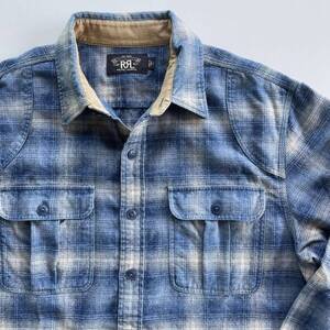 【傑作】RRL “Indigo Plaid Work Shirt” L オンブレ インディゴ チェック ワーク ウール シャツ Ralph Lauren ヴィンテージ