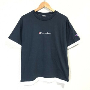 H8092dE Champion チャンピオン Tシャツ 半袖Tシャツ ネイビー×ホワイト メンズ サイズS ロゴ 刺繍 重ね着風 コットン100% 古着