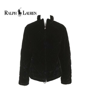 A5784/美品 秋冬 Ralph Lauren ラルフローレン 緑タグ シルク混 中綿 ベロア ベルベット キルティング ジャケット ブルゾン M黒/レディース