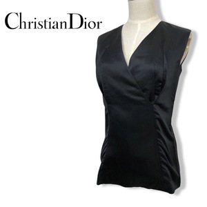 ★Christian Dior クリスチャンディオール★レディース シルク×レーヨン 半袖 Vネック トップス ジャケット 黒 ブラック size 7 管:C:08