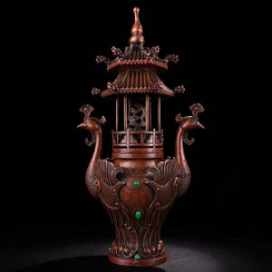 【古寶奇蔵】紫銅製・寶石嵌・鳳凰塔型熏香炉・置物・賞物・中国時代美術