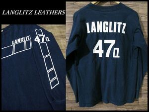 ◆ USA製 LANGLITZ LEATHERS ラングリッツレザー 長袖 47 アーム 両面プリント コットン Tシャツ ロンT モーターサイクル バイカー 紺 M